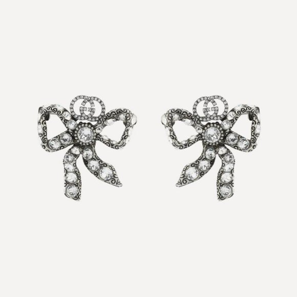 Gucci Silver-tone Crystal Bow Stud Earrings NEW IN BOX - Picture 1 of 7